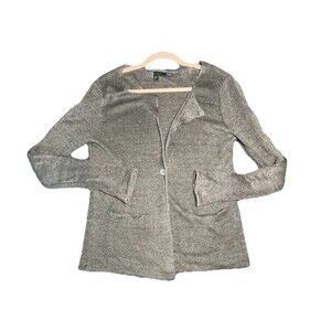 Eileen Fisher Linen Cardigan Sweater Women’s Medium Gray One Button Pockets